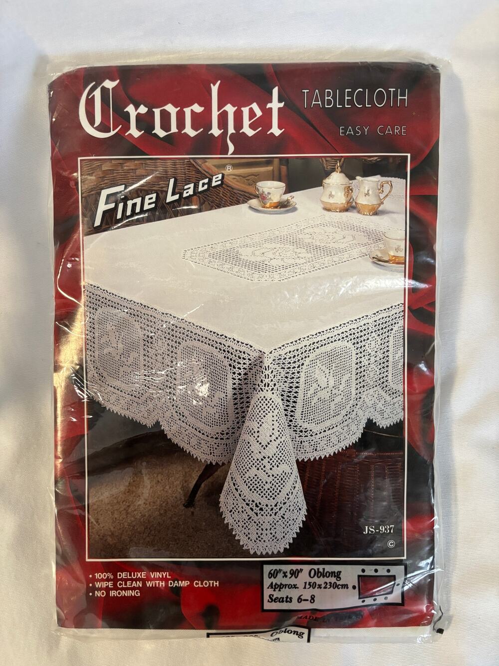Vintage Crochet Table Cloth Vinyl Oblong 90" x 60" New